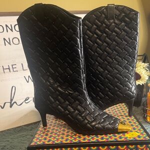 Kurt Geiger Black Woven Heeled Boots with Gold Tip